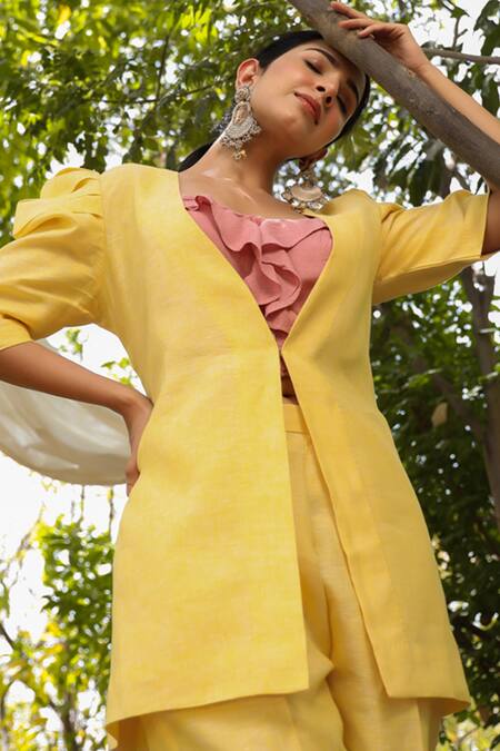 Charu Makkar_Yellow Linen Patchwork V-neck Back Rafflesia Work Jacket With Pant _at_Aza_Fashions
