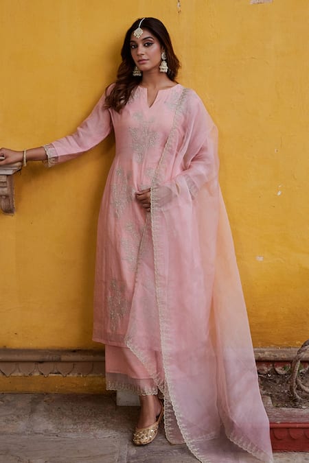 Charu Makkar Peach Chanderi Tissue Embroidered Floral Notched Kurta Palazzo Set 