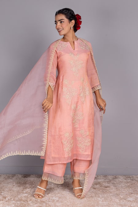 Charu Makkar Peach Chanderi, Organza Embroidery Keyhole Neck Floral Kurta Palazzo Set Online at Aza Fashions Charu Makkar_Peach Chanderi, Organza Embroidery Keyhole Neck Floral Kurta Palazzo Set _Online_at_Aza_Fashions