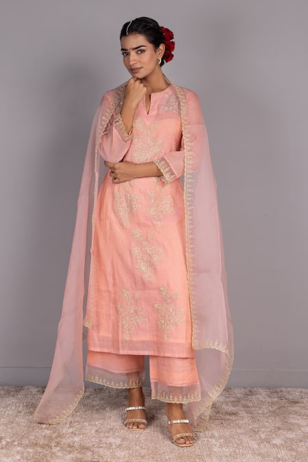 Buy Charu Makkar Peach Chanderi, Organza Embroidery Keyhole Neck Floral Kurta Palazzo Set Online at Aza Fashions Buy_Charu Makkar_Peach Chanderi, Organza Embroidery Keyhole Neck Floral Kurta Palazzo Set _Online_at_Aza_Fashions