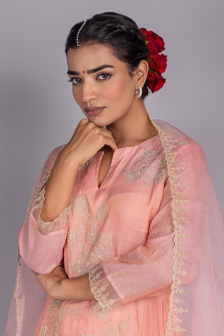 Shop Charu Makkar Peach Chanderi, Organza Embroidery Keyhole Neck Floral Kurta Palazzo Set Online at Aza Fashions Shop_Charu Makkar_Peach Chanderi, Organza Embroidery Keyhole Neck Floral Kurta Palazzo Set _Online_at_Aza_Fashions