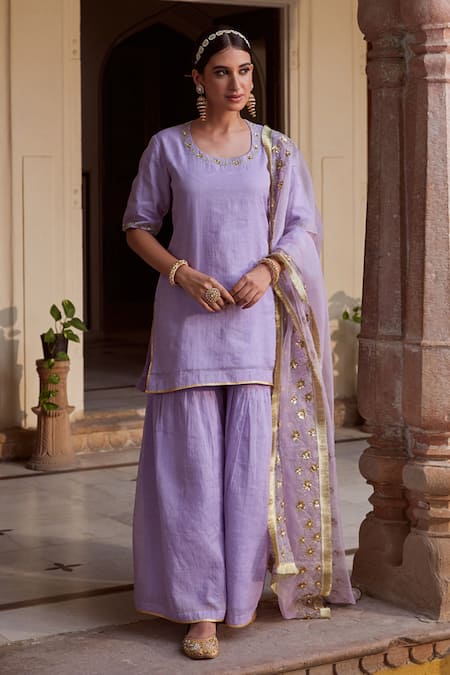 Charu Makkar Purple Chanderi Tissue Embroidered Floral Round Kurta Gharara Set