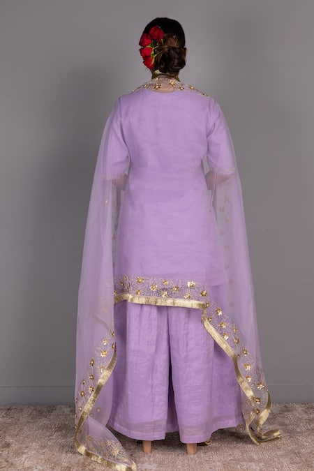 Shop Charu Makkar Purple Chanderi Embroidery, Sequins Round Neck Kurta Gharara Set at Aza Fashions Shop_Charu Makkar_Purple Chanderi Embroidery, Sequins Round Neck Kurta Gharara Set _at_Aza_Fashions