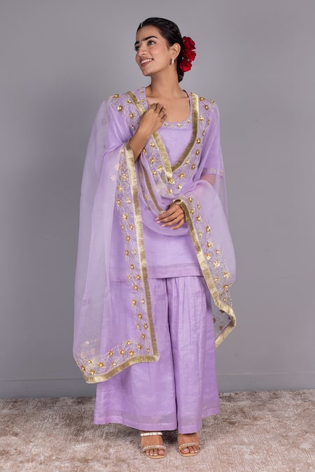 Charu Makkar Purple Chanderi Embroidery, Sequins Round Neck Kurta Gharara Set Online at Aza Fashions Charu Makkar_Purple Chanderi Embroidery, Sequins Round Neck Kurta Gharara Set _Online_at_Aza_Fashions