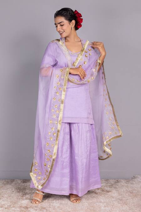 Buy Charu Makkar Purple Chanderi Embroidery, Sequins Round Neck Kurta Gharara Set Online at Aza Fashions Buy_Charu Makkar_Purple Chanderi Embroidery, Sequins Round Neck Kurta Gharara Set _Online_at_Aza_Fashions