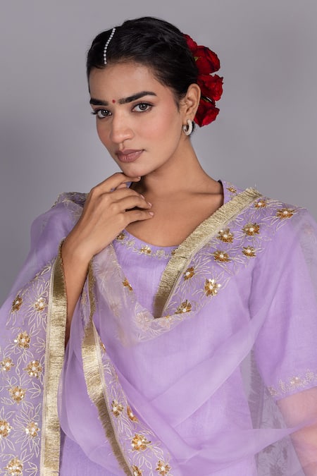 Shop Charu Makkar Purple Chanderi Embroidery, Sequins Round Neck Kurta Gharara Set Online at Aza Fashions Shop_Charu Makkar_Purple Chanderi Embroidery, Sequins Round Neck Kurta Gharara Set _Online_at_Aza_Fashions