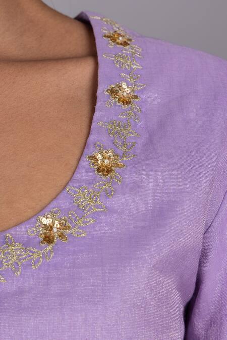 Charu Makkar Purple Chanderi Embroidery, Sequins Round Neck Kurta Gharara Set at Aza Fashions Charu Makkar_Purple Chanderi Embroidery, Sequins Round Neck Kurta Gharara Set _at_Aza_Fashions