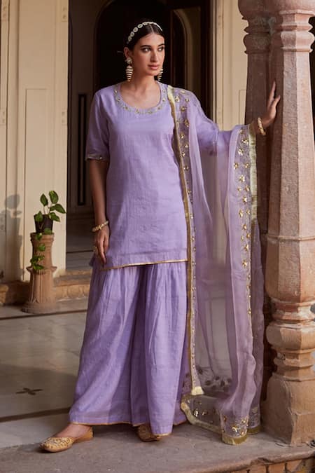 Buy Charu Makkar Purple Chanderi Embroidery, Sequins Round Neck Kurta Gharara Set Buy_Charu Makkar_Purple Chanderi Embroidery, Sequins Round Neck Kurta Gharara Set