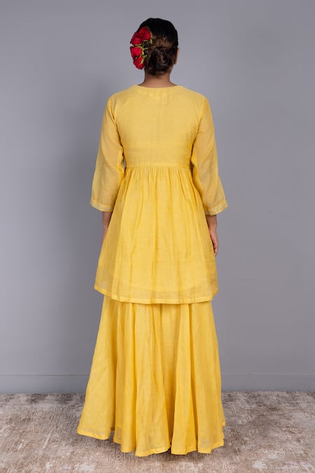 Shop_Charu Makkar_Yellow Chanderi Embroidery Round Neck Aari Kurta Gharara Set _at_Aza_Fashions