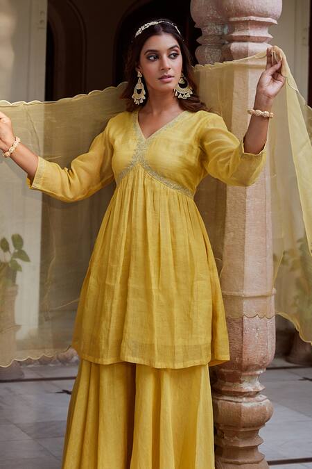 Shop_Charu Makkar_Yellow Chanderi Embroidery Round Neck Aari Kurta Gharara Set 