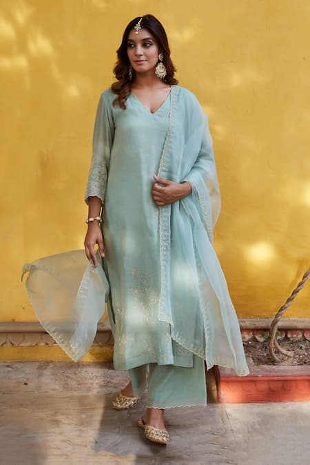 Shop Charu Makkar Green Chanderi, Tissue Embroidery V-neck Floral Kurta Palazzo Set at Aza Fashions Shop_Charu Makkar_Green Chanderi, Tissue Embroidery V-neck Floral Kurta Palazzo Set _at_Aza_Fashions