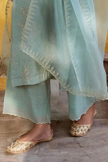 Shop Charu Makkar Green Chanderi, Tissue Embroidery V-neck Floral Kurta Palazzo Set Online at Aza Fashions Shop_Charu Makkar_Green Chanderi, Tissue Embroidery V-neck Floral Kurta Palazzo Set _Online_at_Aza_Fashions