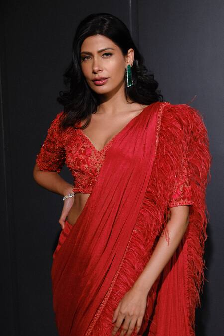 Buy Ohaila Khan Red Chiffon, Tulle Embroidery, Embellished Blouse And Pre-stitched Saree Set Online at Aza Fashions Buy_Ohaila Khan_Red Chiffon, Tulle Embroidery, Embellished Blouse And Pre-stitched Saree Set _Online_at_Aza_Fashions
