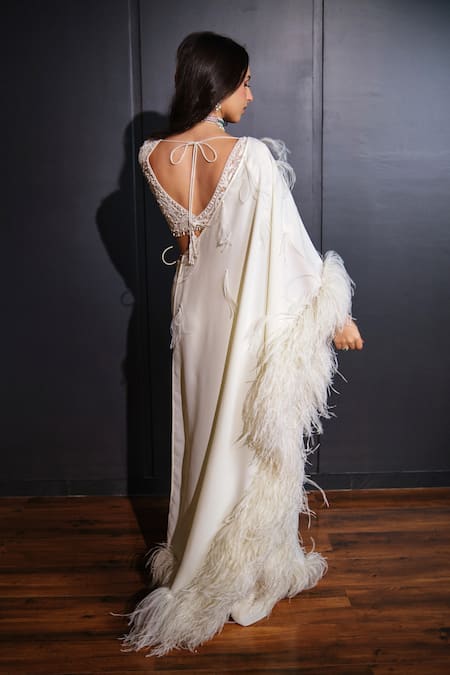 Ohaila Khan_Ivory Georgette Beads, Feathers Hand Embroidered Pre-draped Concept Saree Set _Online_at_Aza_Fashions