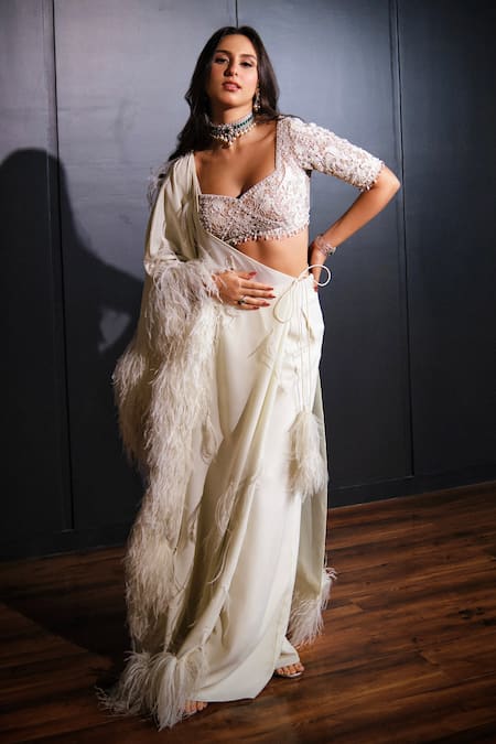 Shop_Ohaila Khan_Ivory Georgette Beads, Feathers Hand Embroidered Pre-draped Concept Saree Set _Online_at_Aza_Fashions