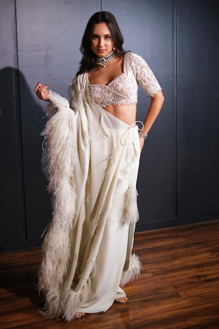 Ohaila Khan_Ivory Georgette Beads, Feathers Hand Embroidered Pre-draped Concept Saree Set _at_Aza_Fashions