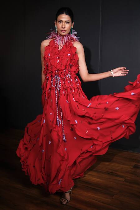 Ohaila Khan_Red Georgette Embellished Feathers V Neck Ruffle Gown  _Online_at_Aza_Fashions