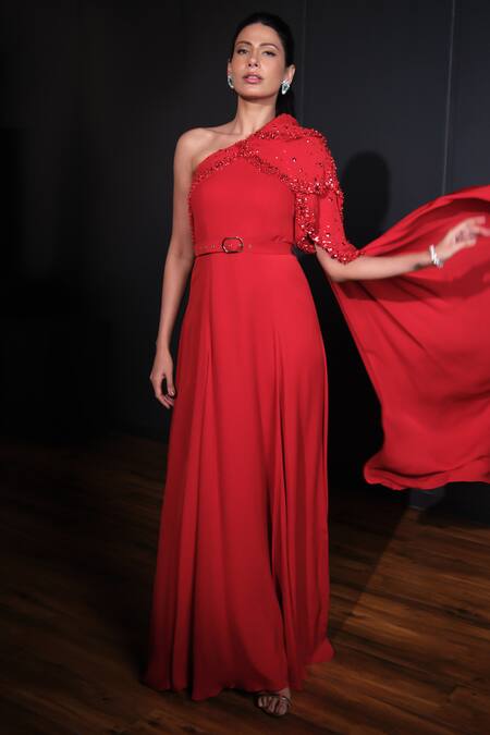 Ohaila Khan_Red Georgette Sequins, Pearls, Crystals Hand Embellished Draped Gown With Belt _Online_at_Aza_Fashions
