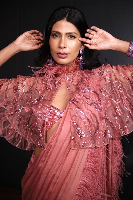 Buy Ohaila Khan Pink Chiffon, Tulle, Organza, Silk Embroidered Pre-stitched Saree Set With Cape Online at Aza Fashions Buy_Ohaila Khan_Pink Chiffon, Tulle, Organza, Silk Embroidered Pre-stitched Saree Set With Cape _Online_at_Aza_Fashions