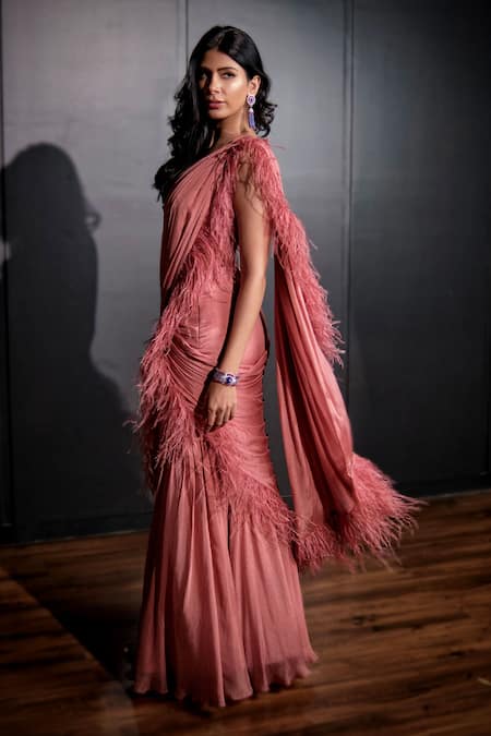 Ohaila Khan_Pink Chiffon, Tulle Sequins, Feathers, Beads Work Pre-stitched Saree With Blouse _Online_at_Aza_Fashions
