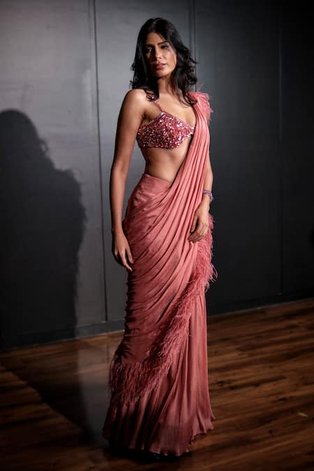 Buy_Ohaila Khan_Pink Chiffon, Tulle Sequins, Feathers, Beads Work Pre-stitched Saree With Blouse _Online_at_Aza_Fashions