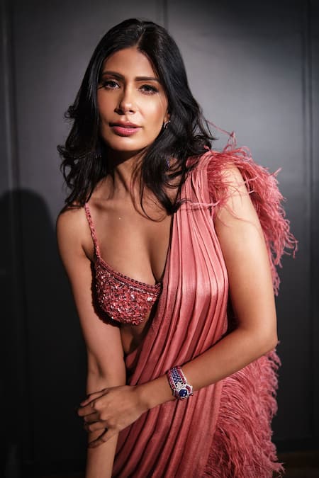 Shop_Ohaila Khan_Pink Chiffon, Tulle Sequins, Feathers, Beads Work Pre-stitched Saree With Blouse _Online_at_Aza_Fashions