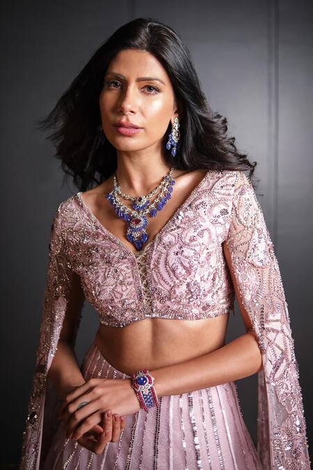 Ohaila Khan Pink Tulle, Lace Sequins, Crystals, Beads Embroidered Blouse And Lehenga Set at Aza Fashions Ohaila Khan_Pink Tulle, Lace Sequins, Crystals, Beads Embroidered Blouse And Lehenga Set _at_Aza_Fashions