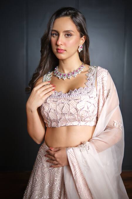 Shop Ohaila Khan Pink Organza, Tulle Sequins, Crystals Embroidered Blouse Bridal Lehenga Set Online at Aza Fashions Shop_Ohaila Khan_Pink Organza, Tulle Sequins, Crystals Embroidered Blouse Bridal Lehenga Set _Online_at_Aza_Fashions