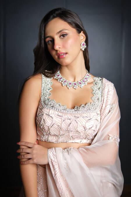 Ohaila Khan Pink Organza, Tulle Sequins, Crystals Embroidered Blouse Bridal Lehenga Set at Aza Fashions Ohaila Khan_Pink Organza, Tulle Sequins, Crystals Embroidered Blouse Bridal Lehenga Set _at_Aza_Fashions