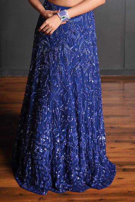 Buy Ohaila Khan Blue Tulle Sequins, Crystals, Beads Embroidered Crop Top And Lehenga Set Online at Aza Fashions Buy_Ohaila Khan_Blue Tulle Sequins, Crystals, Beads Embroidered Crop Top And Lehenga Set _Online_at_Aza_Fashions