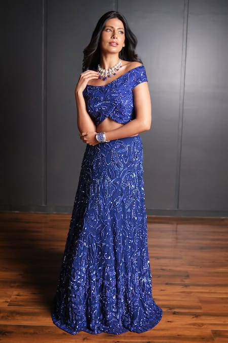 Shop Ohaila Khan Blue Tulle Sequins, Crystals, Beads Embroidered Crop Top And Lehenga Set Online at Aza Fashions Shop_Ohaila Khan_Blue Tulle Sequins, Crystals, Beads Embroidered Crop Top And Lehenga Set _Online_at_Aza_Fashions