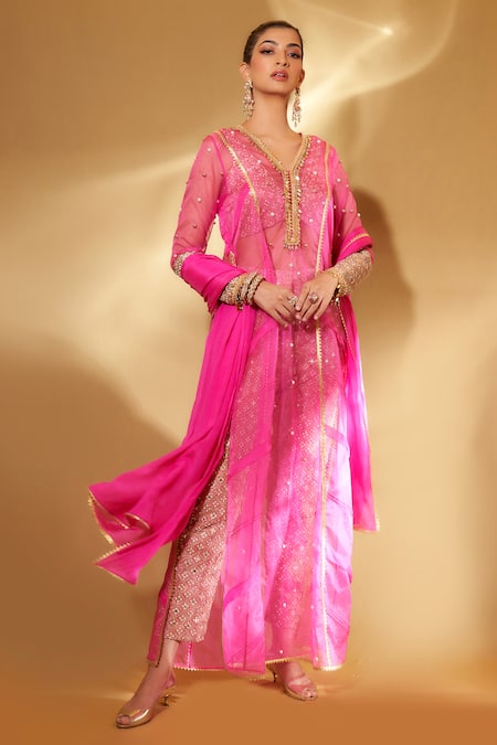 Ohaila Khan Pink Organza Beads, Cut Work, Gulabo Rani Sheer A-line Kurta Pant Set Online at Aza Fashions Ohaila Khan_Pink Organza Beads, Cut Work, Gulabo Rani Sheer A-line Kurta Pant Set _Online_at_Aza_Fashions