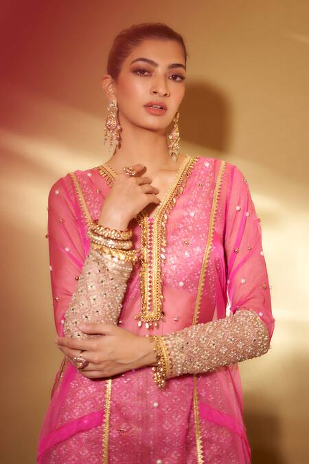 Buy Ohaila Khan Pink Organza Beads, Cut Work, Gulabo Rani Sheer A-line Kurta Pant Set Online at Aza Fashions Buy_Ohaila Khan_Pink Organza Beads, Cut Work, Gulabo Rani Sheer A-line Kurta Pant Set _Online_at_Aza_Fashions
