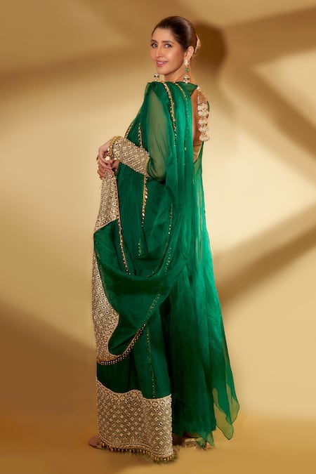 Shop Ohaila Khan Green Organza, Spandex Embroidery, Tassels Panna Asymmetrical Sheer Anarkali Set at Aza Fashions Shop_Ohaila Khan_Green Organza, Spandex Embroidery, Tassels Panna Asymmetrical Sheer Anarkali Set _at_Aza_Fashions
