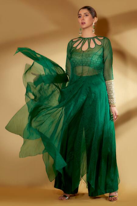 Buy Ohaila Khan Green Organza, Spandex Embroidery, Tassels Panna Asymmetrical Sheer Anarkali Set Online at Aza Fashions Buy_Ohaila Khan_Green Organza, Spandex Embroidery, Tassels Panna Asymmetrical Sheer Anarkali Set _Online_at_Aza_Fashions