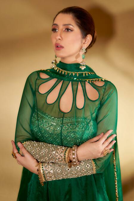 Ohaila Khan Green Organza, Spandex Embroidery, Tassels Panna Asymmetrical Sheer Anarkali Set at Aza Fashions Ohaila Khan_Green Organza, Spandex Embroidery, Tassels Panna Asymmetrical Sheer Anarkali Set _at_Aza_Fashions