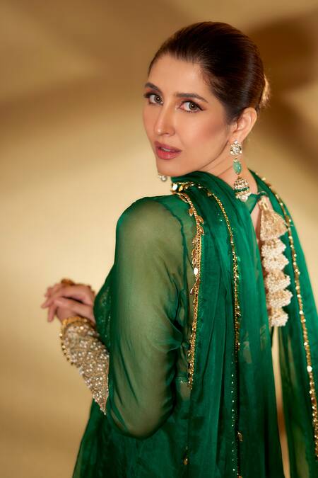 Buy Ohaila Khan Green Organza, Spandex Embroidery, Tassels Panna Asymmetrical Sheer Anarkali Set Buy_Ohaila Khan_Green Organza, Spandex Embroidery, Tassels Panna Asymmetrical Sheer Anarkali Set