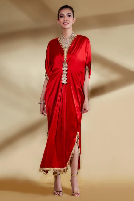 Ohaila Khan Red Satin Embroidered Floral V Neck Sherbet Draped Kaftan 