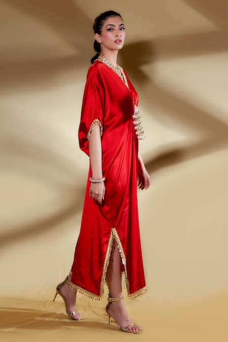 Buy_Ohaila Khan_Red Satin Beads V-neck Sherbet Draped Kaftan _Online_at_Aza_Fashions
