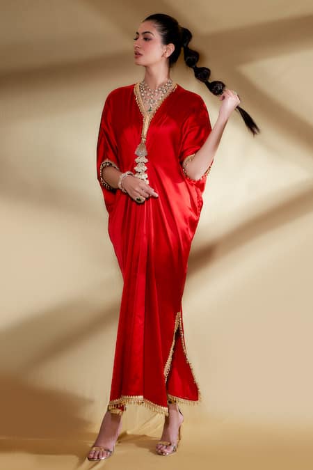 Shop_Ohaila Khan_Red Satin Beads V-neck Sherbet Draped Kaftan _Online_at_Aza_Fashions