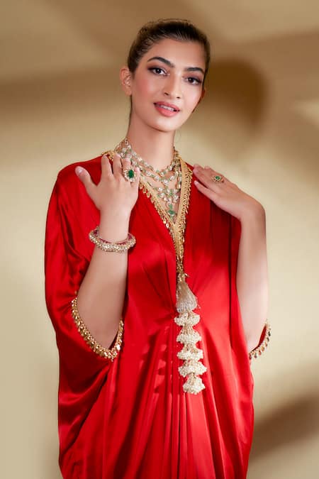 Ohaila Khan_Red Satin Beads V-neck Sherbet Draped Kaftan _at_Aza_Fashions