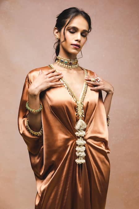 Ohaila Khan_Gold Satin Beads, Mirrors V-neck Salmon Draped Kaftan _Online_at_Aza_Fashions