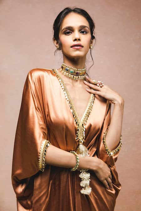 Buy_Ohaila Khan_Gold Satin Beads, Mirrors V-neck Salmon Draped Kaftan _Online_at_Aza_Fashions