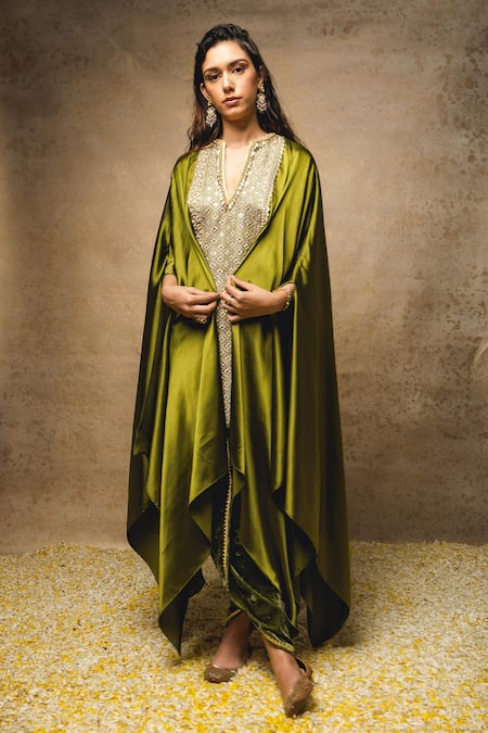 Ohaila Khan Green Velvet, Satin Beads, Embroidery V-neck Heena Kaftan Kurta And Tulip Pant Set Online at Aza Fashions Ohaila Khan_Green Velvet, Satin Beads, Embroidery V-neck Heena Kaftan Kurta And Tulip Pant Set _Online_at_Aza_Fashions
