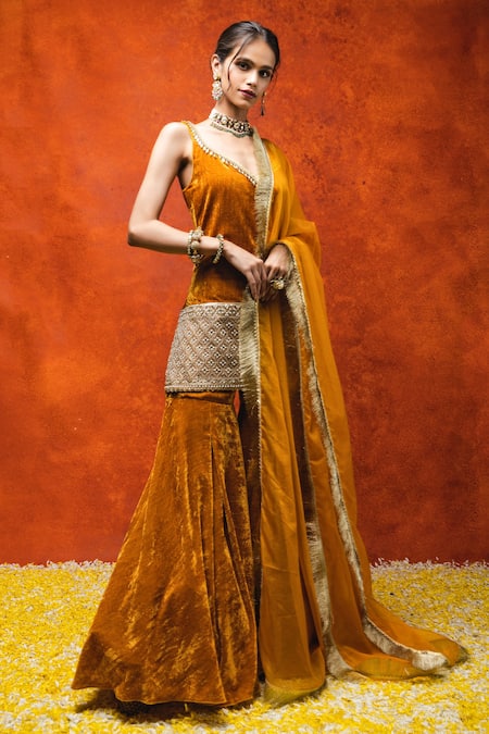 Ohaila Khan Orange Velvet Tassels, Mirrors, Beads V-neck Embroidered Kurta Sharara Set Online at Aza Fashions Ohaila Khan_Orange Velvet Tassels, Mirrors, Beads V-neck Embroidered Kurta Sharara Set _Online_at_Aza_Fashions
