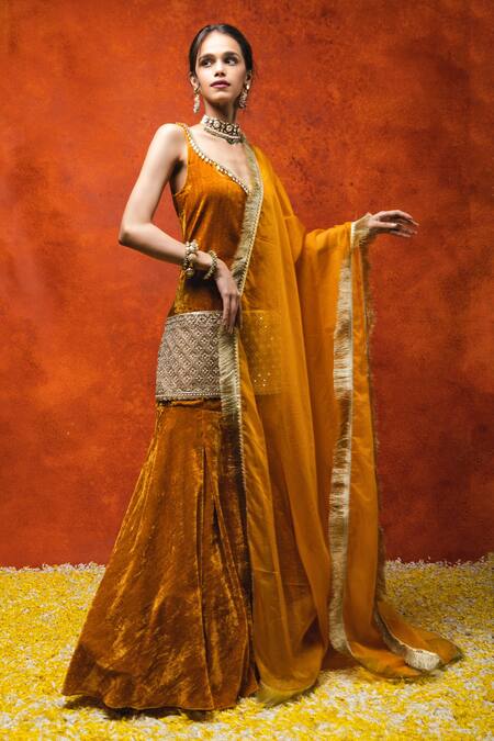 Buy Ohaila Khan Orange Velvet Tassels, Mirrors, Beads V-neck Embroidered Kurta Sharara Set Online at Aza Fashions Buy_Ohaila Khan_Orange Velvet Tassels, Mirrors, Beads V-neck Embroidered Kurta Sharara Set _Online_at_Aza_Fashions