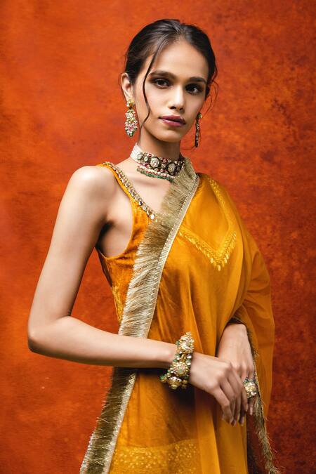 Shop Ohaila Khan Orange Velvet Tassels, Mirrors, Beads V-neck Embroidered Kurta Sharara Set Online at Aza Fashions Shop_Ohaila Khan_Orange Velvet Tassels, Mirrors, Beads V-neck Embroidered Kurta Sharara Set _Online_at_Aza_Fashions