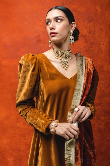 Buy Ohaila Khan Orange Velvet, Satin Pearls, Mirrors, Chestnut Power Shoulder Anarkali Set Online at Aza Fashions Buy_Ohaila Khan_Orange Velvet, Satin Pearls, Mirrors, Chestnut Power Shoulder Anarkali Set _Online_at_Aza_Fashions