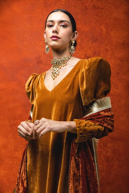 Shop Ohaila Khan Orange Velvet, Satin Pearls, Mirrors, Chestnut Power Shoulder Anarkali Set Online at Aza Fashions Shop_Ohaila Khan_Orange Velvet, Satin Pearls, Mirrors, Chestnut Power Shoulder Anarkali Set _Online_at_Aza_Fashions