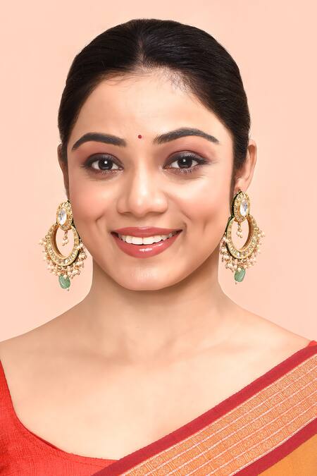 Just Shradhas_Gold Plated Pearls, Gota Patti, Beads Kundan Studded Chandbalis_Online_at_Aza_Fashions